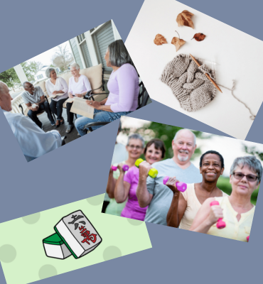 collage of picture showing exercise, book club, crafting and playing Mahjong