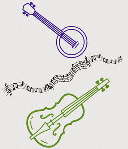 Illustrations of a banjo, guitar and music staff