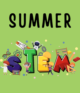 The word STEM with illustrations surrounding of space ships, robots, gears, protractor and other scientific apparatus
