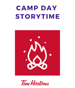 line drawing of a camp fire with the Time Hortons logo
