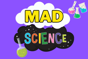 the words Mad Science in multi-colored letters on black and white clouds, also illustrations of flasks and beakers with bubbling liquid in them